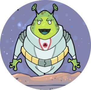 A rotund little alien character, green with antennas, dressed in a futuristic space suit, standing on the ground with a starry sky behind them. 